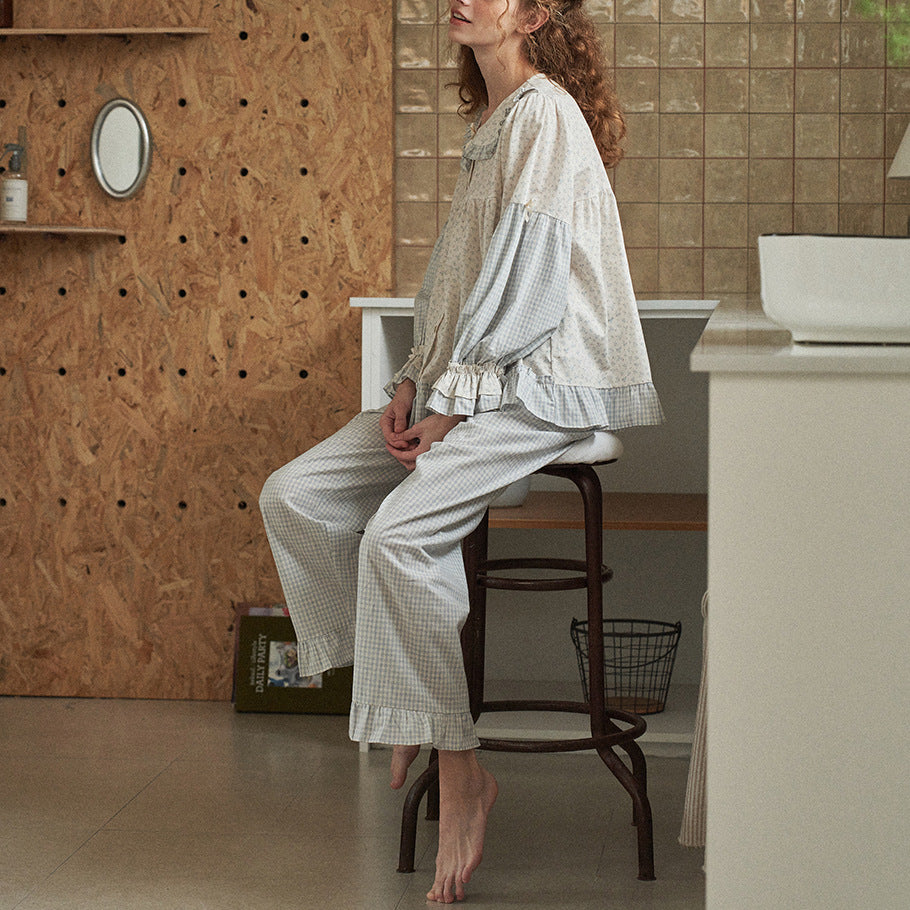Sweet All-cotton Patchwork Doll-collar Pajama Setperfect For Lounging At Home Or Wearing Out