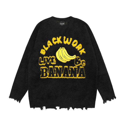 Banana Round Neck Sweater Men's High Street Ripped Ripped