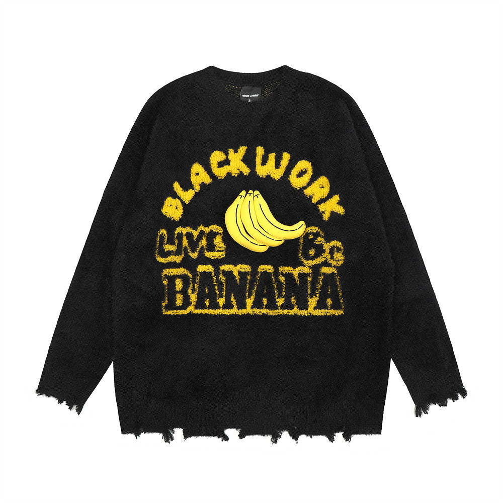 Banana Round Neck Sweater Men's High Street Ripped Ripped