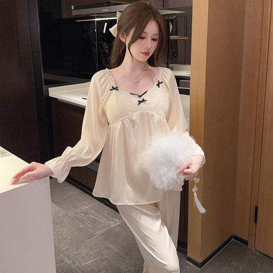 New SpringSummer High-End Womens Long-Sleeve Pajama Set With Chest Pads And Long Pants