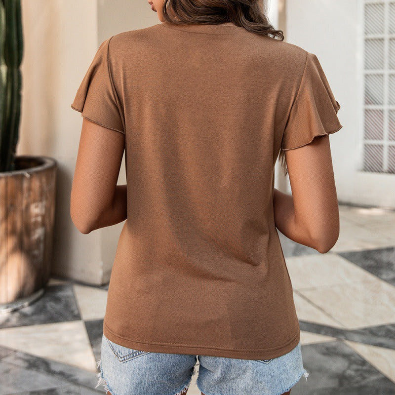 European And American Women's Solid Color Stitching Lace Lace Ruffled Short-sleeved T-shirt