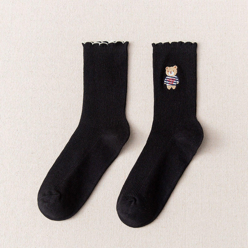 Women's Bear Embroidered Fungus Lace Mid Tube Socks