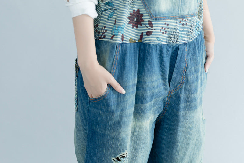 Washed Jeans Strap Adjustable Make Old Ripped Large Pocket Women