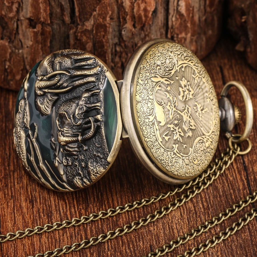 Elephant Pattern Quartz Pocket Retro Flip Casual Pocket Watch