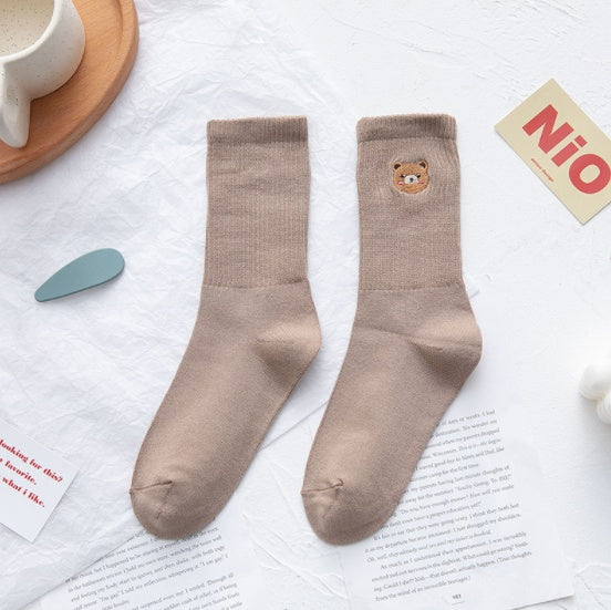 Female Japanese College Style Cute Cartoon Bear Embroidered Socks