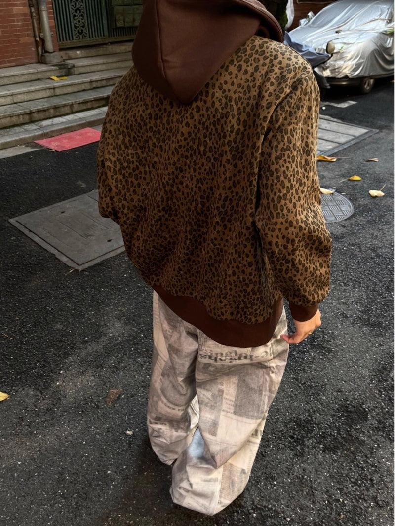 Retro Leopard-Print Zip-Up Hooded Cardigan Sweater High-Street Style Loose-Fit Casual Outerwear Top