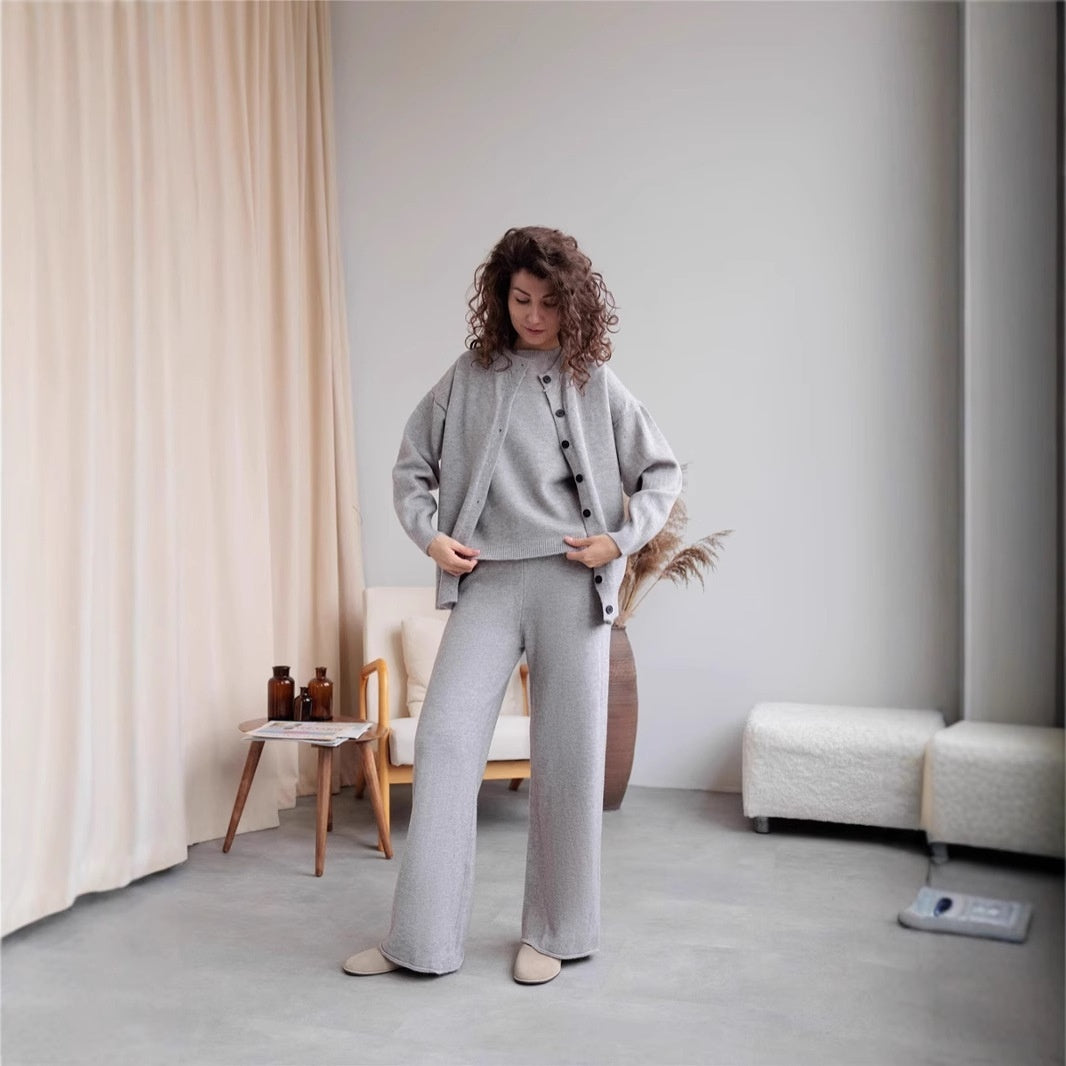 Women's Sweater Suit Round Neck Sweater Cardigan Knitted Vest Same Color Trousers