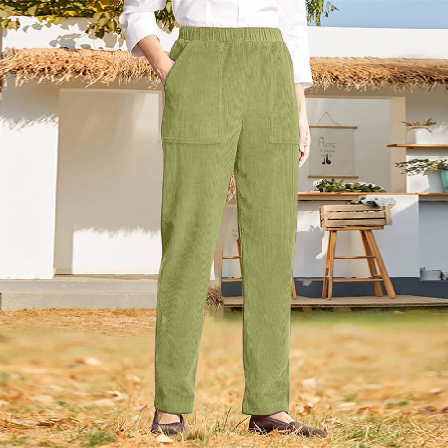 Women's Pure Color Elastic Waist Striped Straight Casual Pants