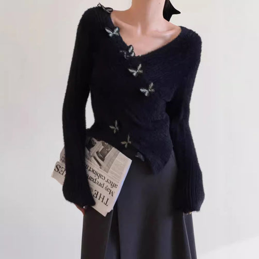 Three-dimensional Butterfly Furry V-neck Sweater