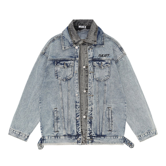 Spring And Autumn Stitching Contrast Color Washing Loose All-match Pu Handsome Denim Jacket