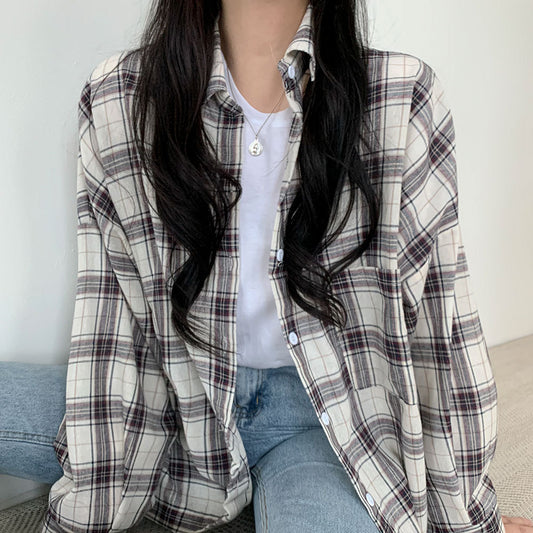 All-match Commute Lapel Plaid Shirt Loose Checked Shirt