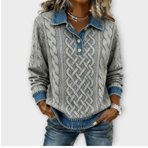 New AutumnWinter European And American Style Denim Patchwork Turn-Down Collar Loose Ribbed Sweater