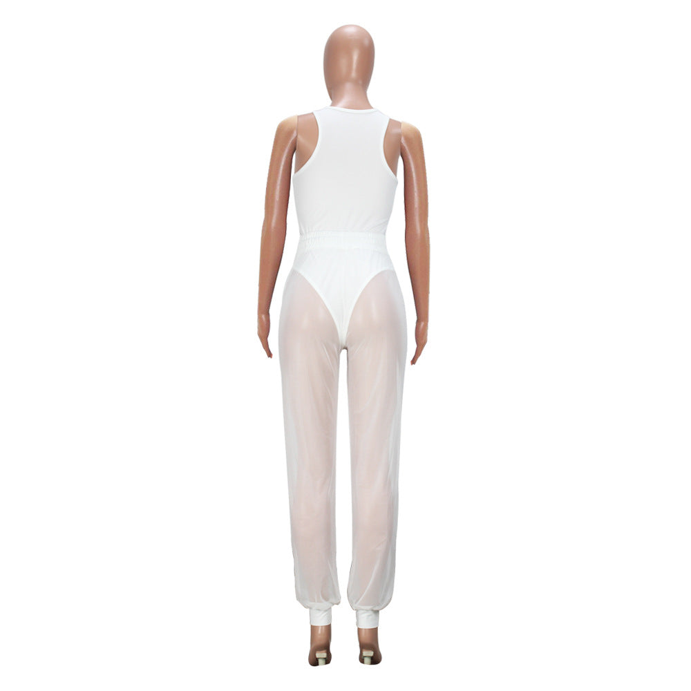 European And American Style Lace-up  See-through Trousers Mesh Trousers