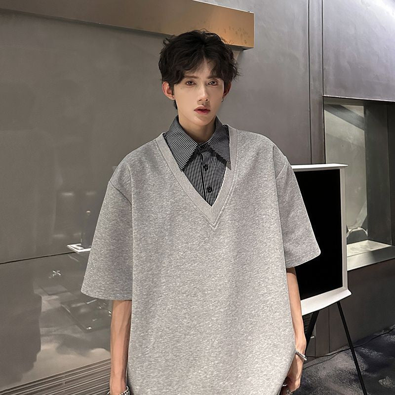 Casual Style Fake Two-Piece Shirt Collar Short-Sleeve Top For Men