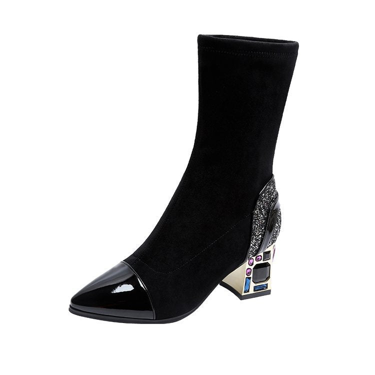 Chunky Heel Ankle Boots Pointed Toe Rhinestone Simple Zipper Casual