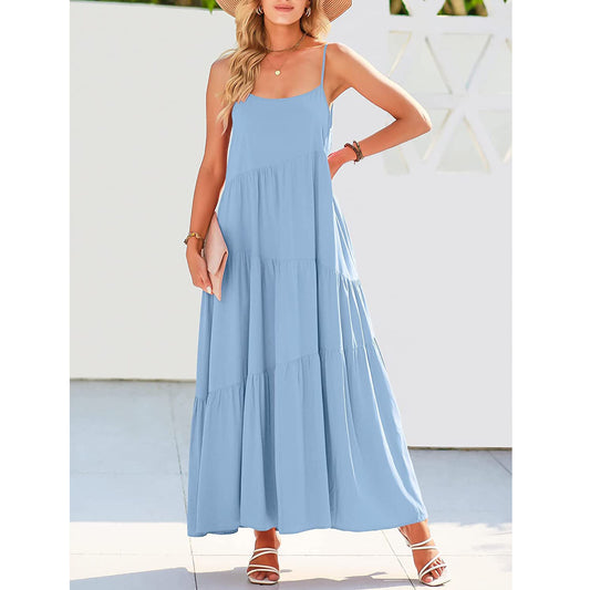 Womens Loose Casual Pleated Irregular Dress Beach Slip Maxi Dress