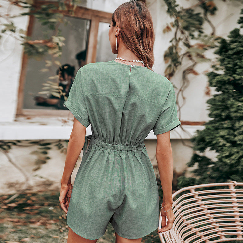 V-neck Short-sleeved Solid Color Waist Tie Stitching Women's Jumpsuit