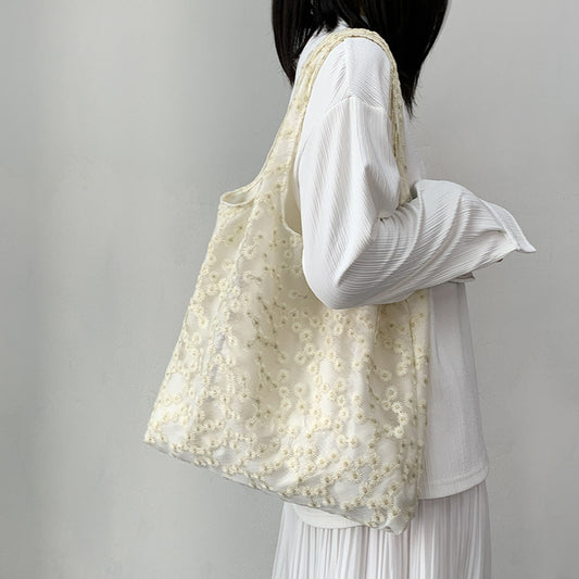Embroidery Canvas Minimalism Flower Laced One-shoulder Bag