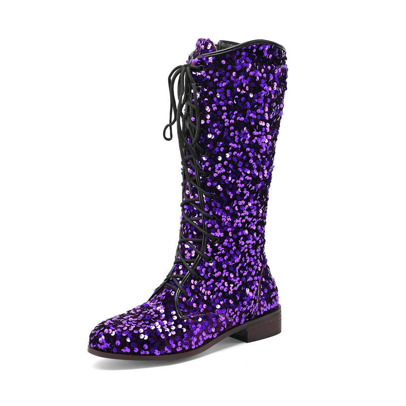 Glittery Round-toe Mid-heel Over-the-knee Boots With Front Lacing