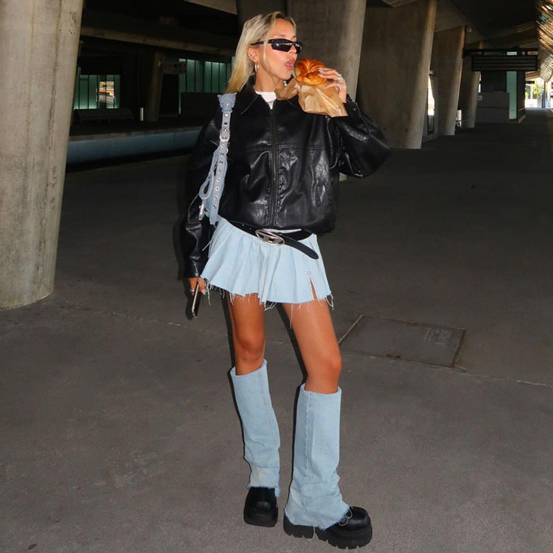 Fashion Casual Versatile Denim Pleated Skirt