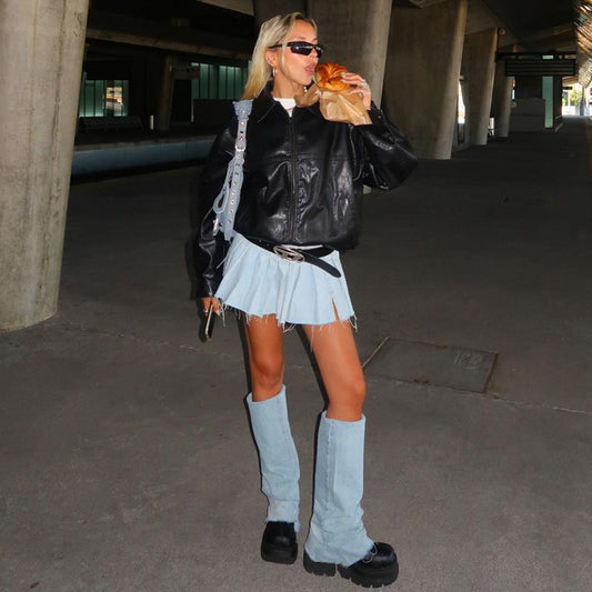 Fashion Casual Versatile Denim Pleated Skirt