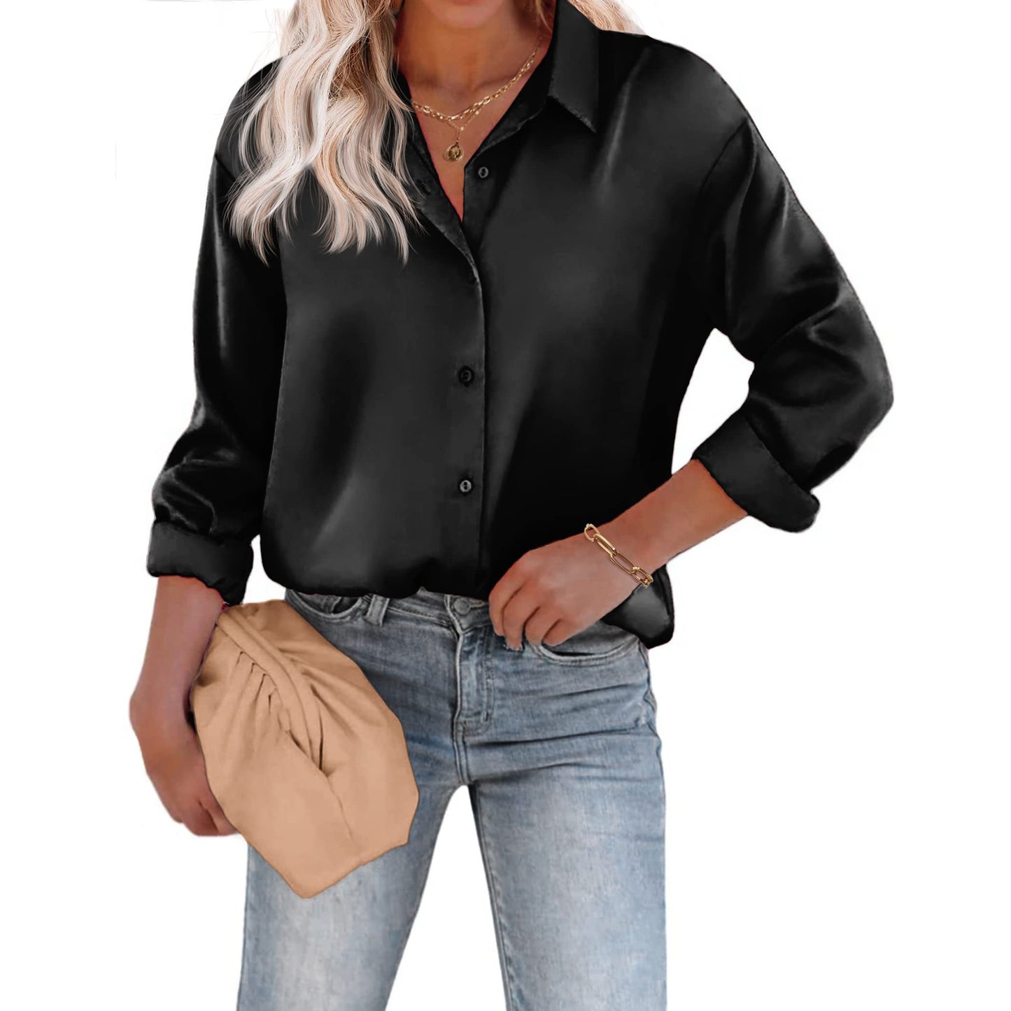 Women's Satin Silk Button Shirt European And American Leisure Loose Long Sleeve Satin Top