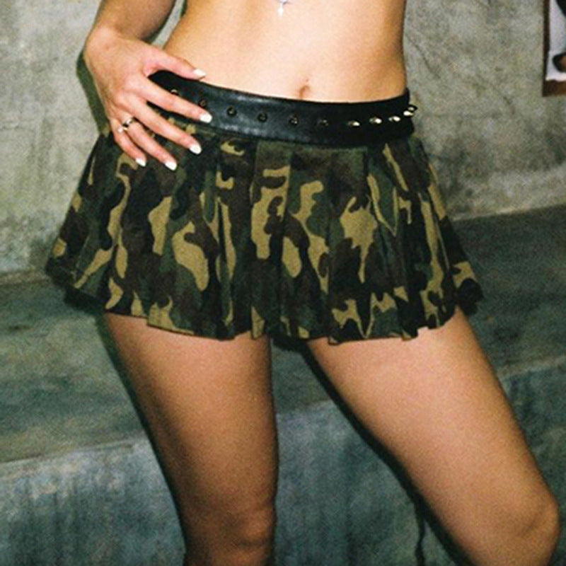 Street Style Camouflage-printet nederdel med nitter og plisseret lav talje Sexet nederdel