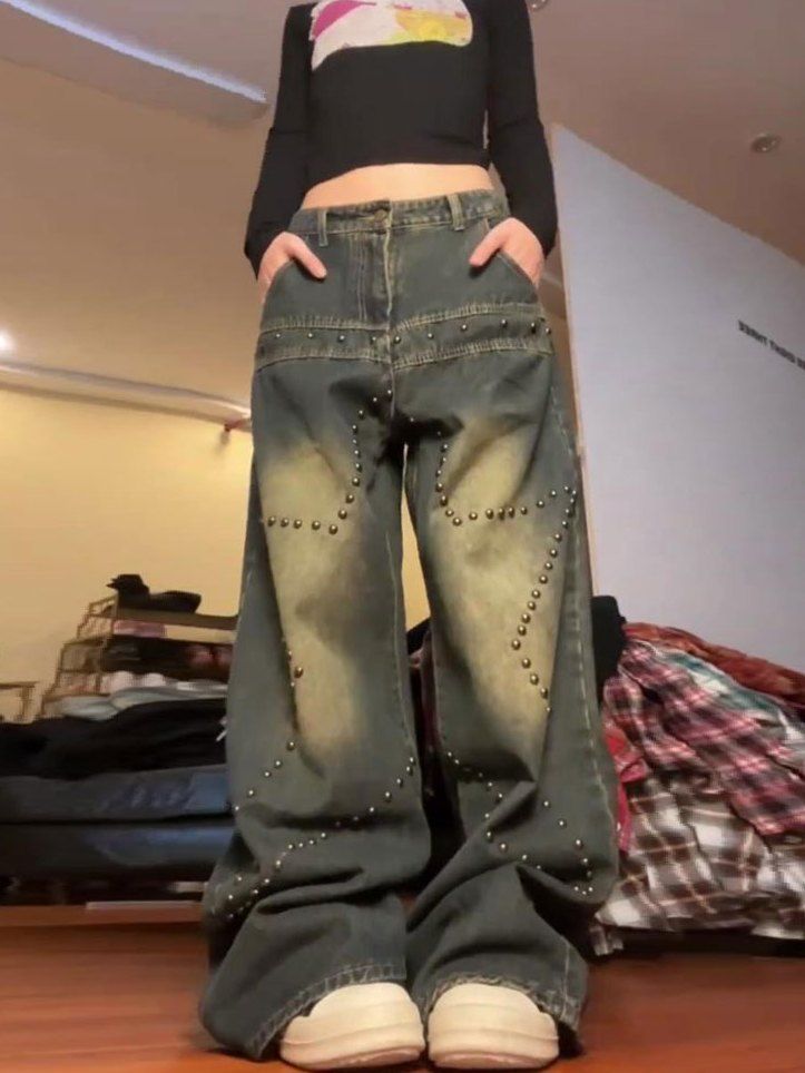 Plus Size Amerikanske Retro Vaskede Nittejeans med Stjerner
