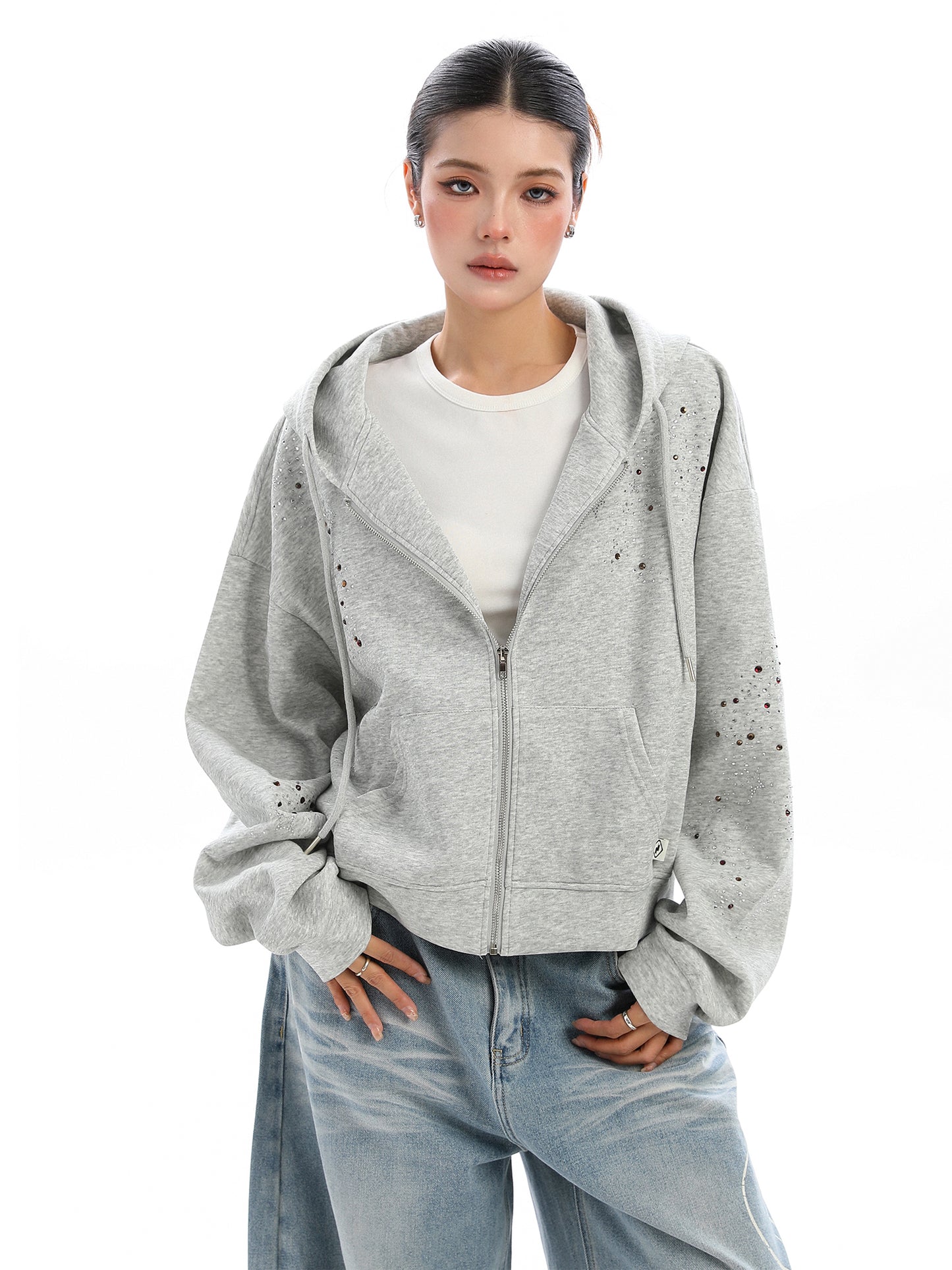 Starry Rhinestone Hooded Sweater For Women Zipper Cardigan Outerwear