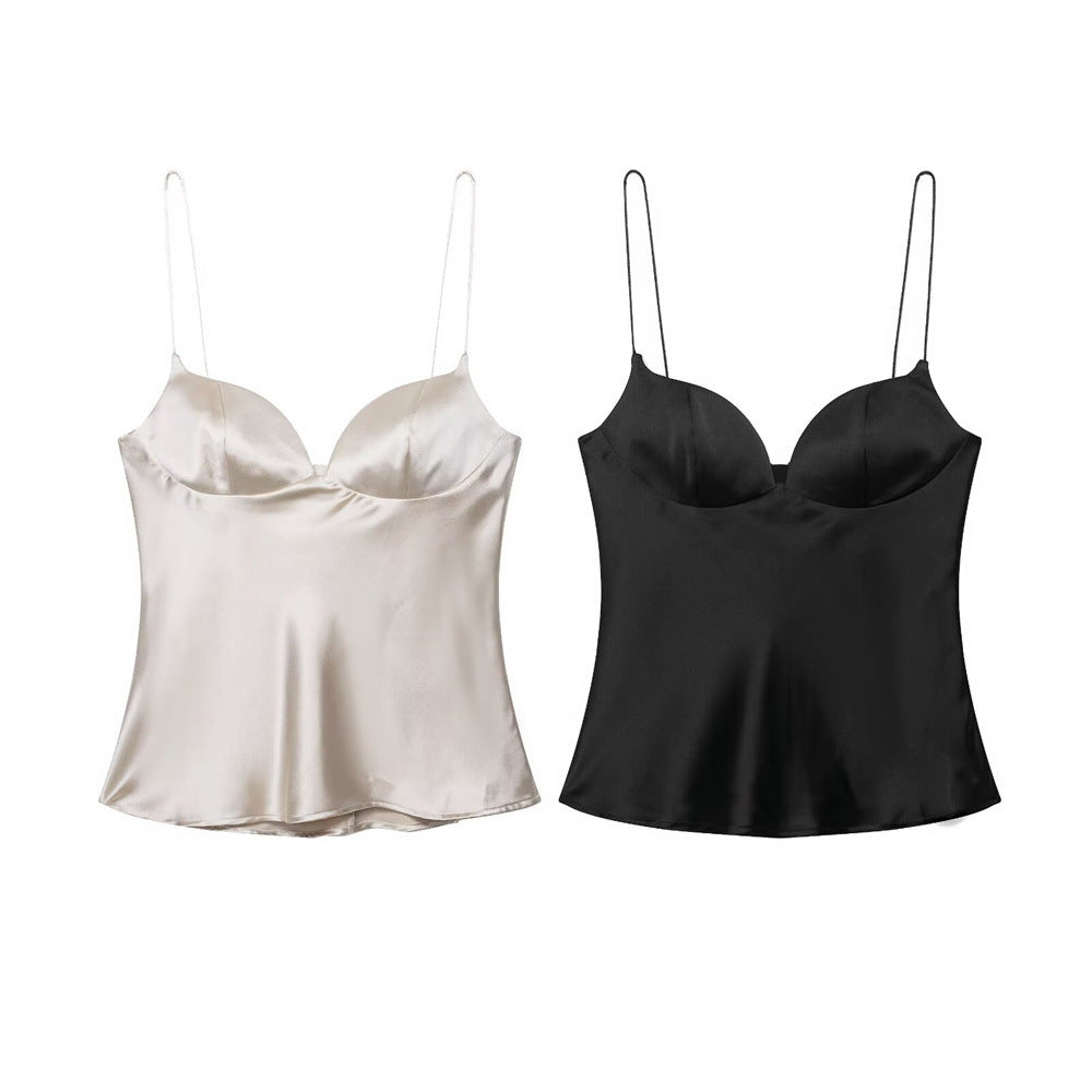 Women's Sexy Slim-fit Backless Heart-shaped Neckline Satin Texture Camisole Top