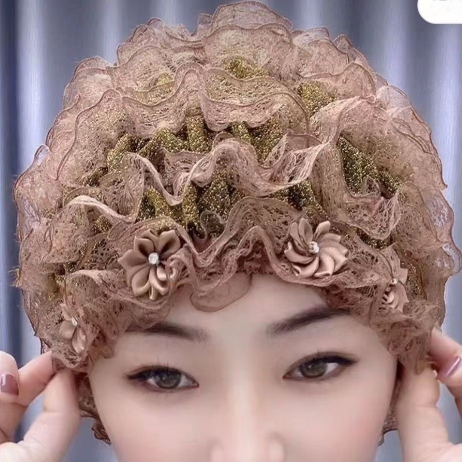 Four Seasons Little Flower Toque Cover Gray Hair Cap Lace