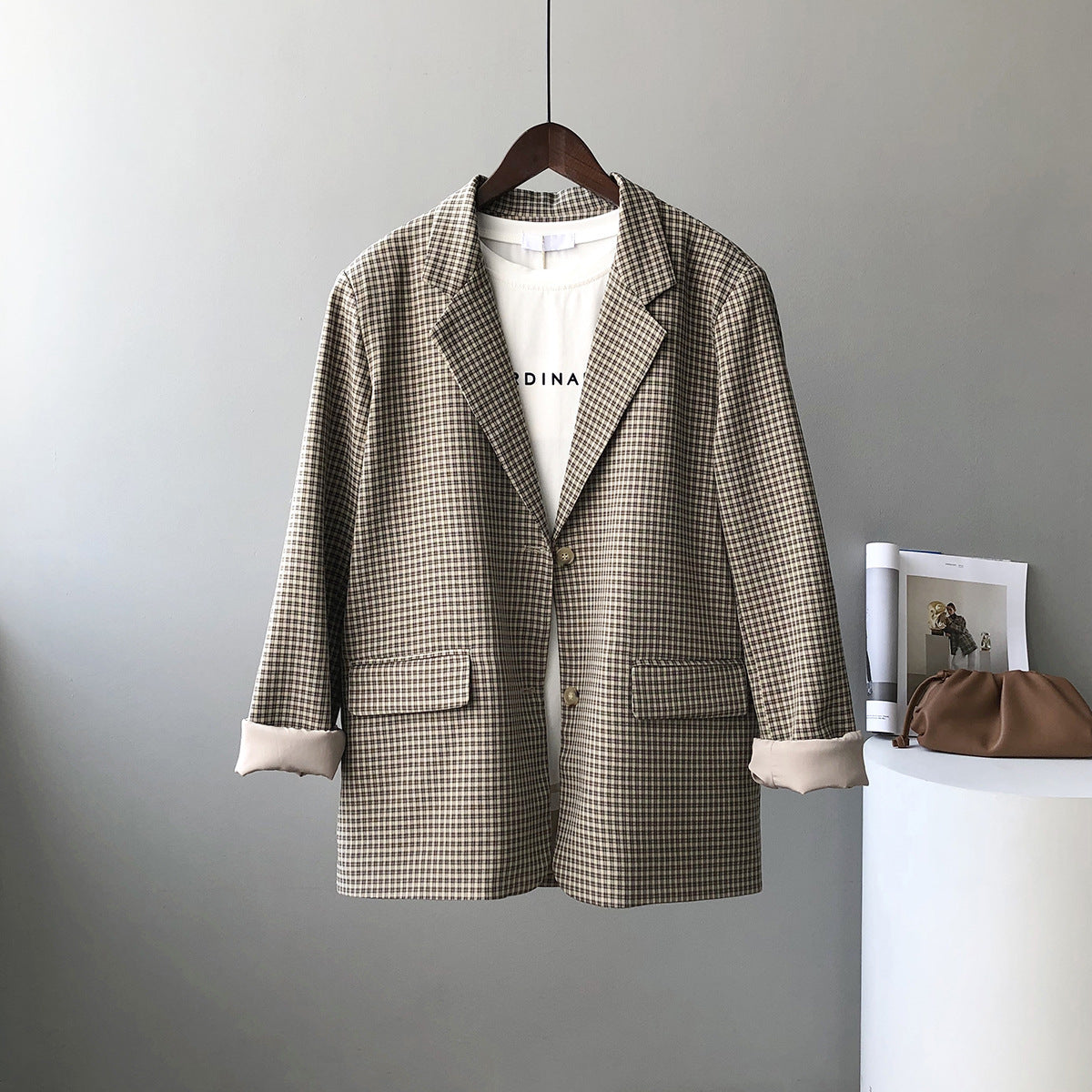 Retro Loose Mid-length Plaid Suit Top