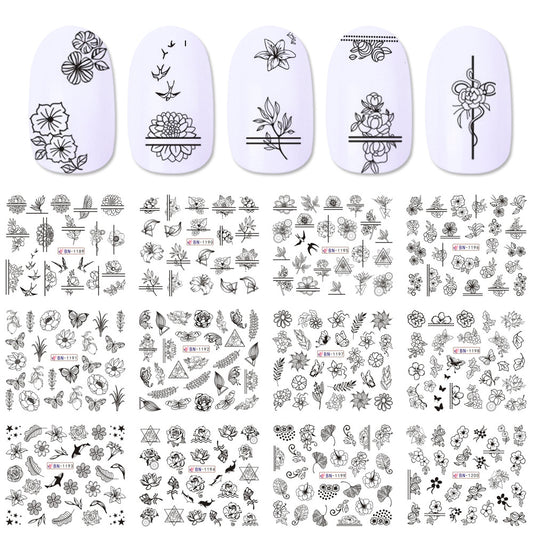 Hot New Nail Beauty Watermark Stickers Black And White Color Carved Rose Leaves Animal Nail Sticker