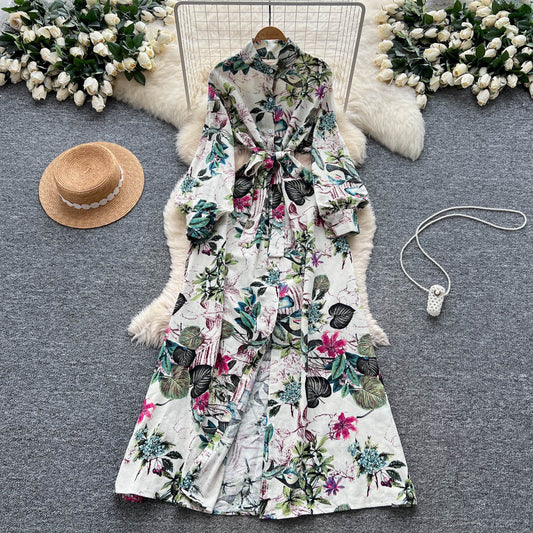French-style Retro Elegant Single-Breasted Lace-Up Waist Floral Print Dress For Women