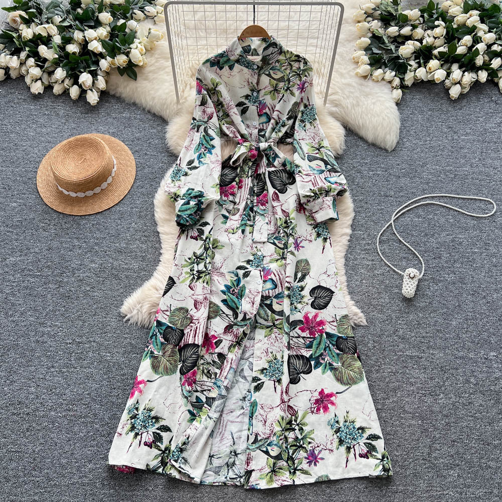 Fransk-inspireret retro elegant enkelttradet blomstret kjole med snøre i taljen til kvinder