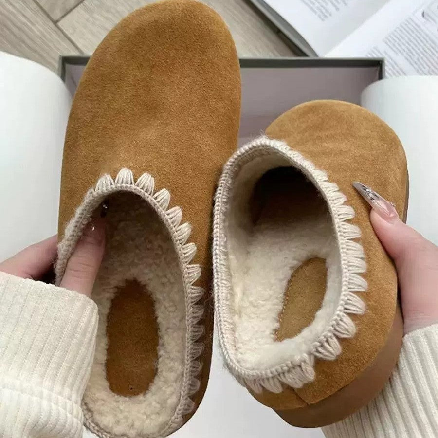 Women's Casual Fleece-lined Platform Fur Closed-toe Slippers