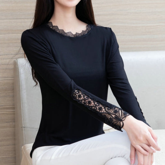 Womens Low-neckline Lace Black Top Thin Long-sleeve Design