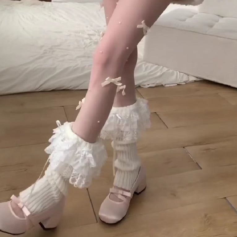 Pearl Bow White Silk Lace Calf Socks Ballet Style Pantyhose