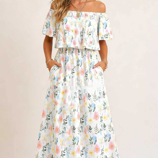 Printed Off-shoulder Short-sleeve Maxi Dress