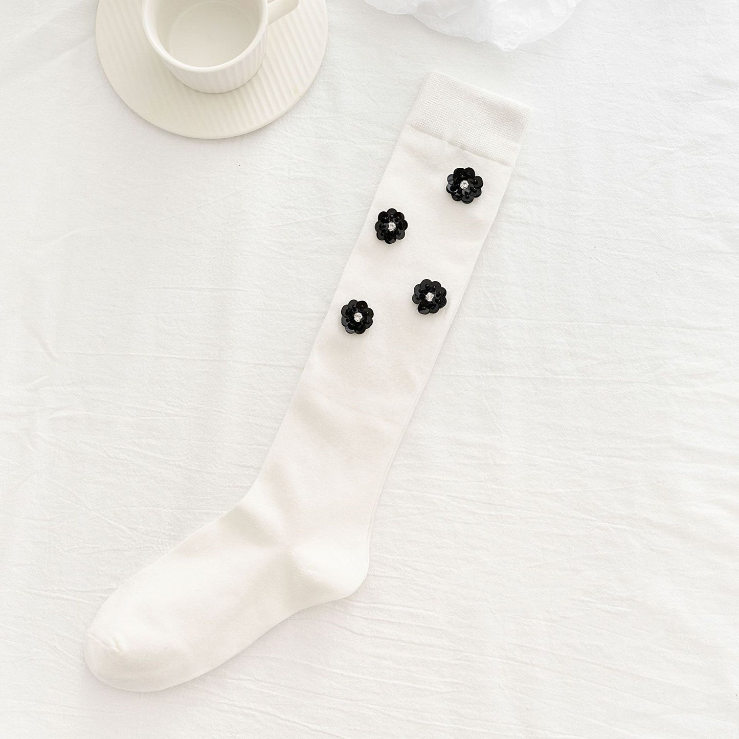Hand-designed Heavy Industry Sequined Diamond Bow High Socks