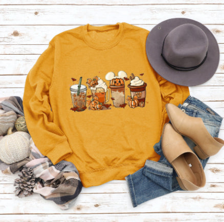 Christmas Latte European American Fashion Floral Print Round Neck Sweater