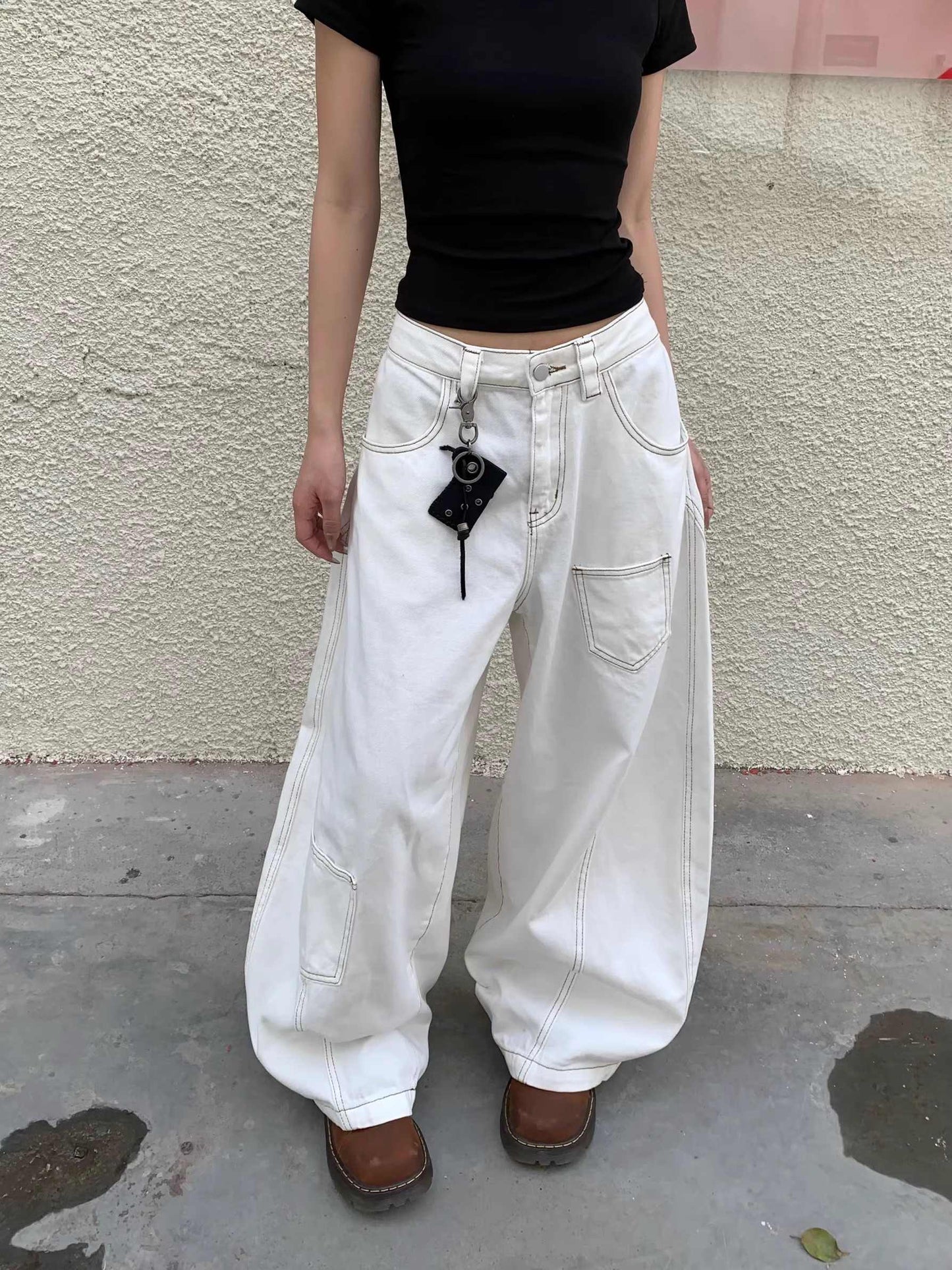 Women's Retro White Wide-leg Jeans