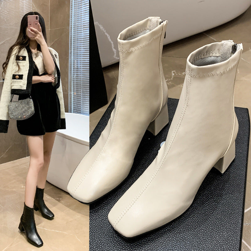 Fashion New Thick Heel Women's Martin Boots Square Toe Short Tube
