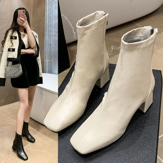 Fashion New Thick Heel Women's Martin Boots Square Toe Short Tube