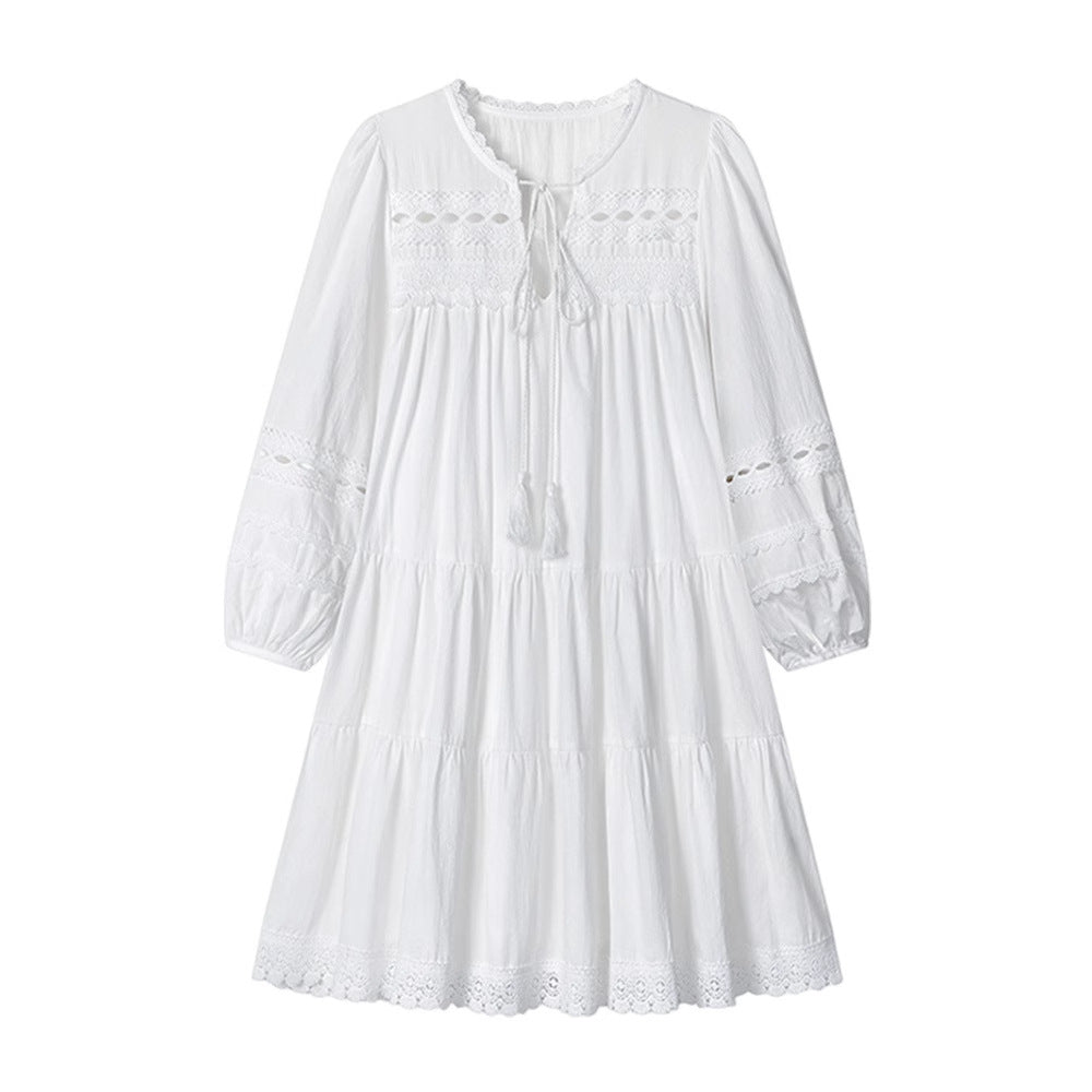 Womens Ethnic-Style Hollowed-Out French-Style Patchwork Long-Sleeve Dress
