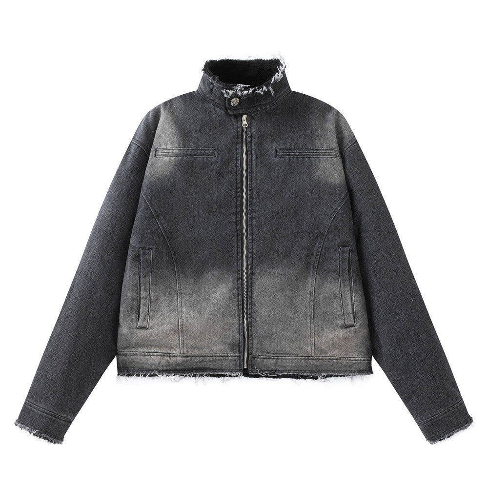 Washing Gradient Frayed Hem Denim Jacket Thickening