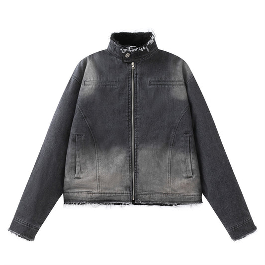 Washing Gradient Frayed Hem Denim Jacket Thickening