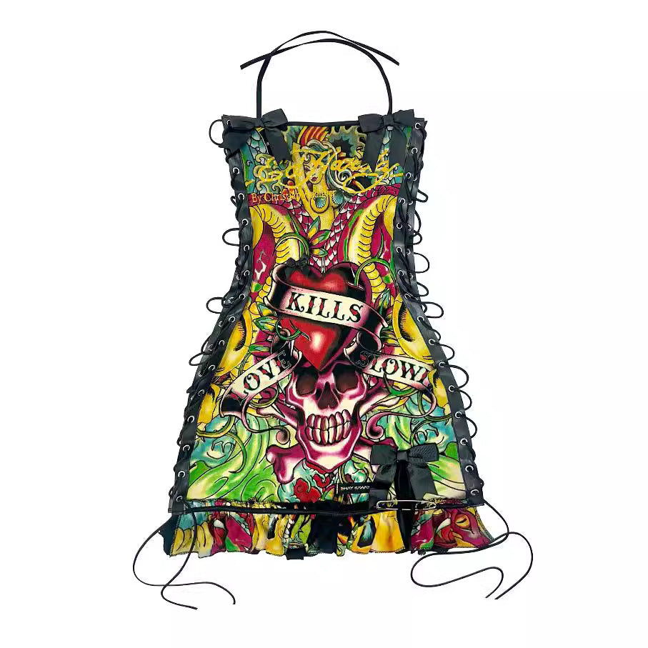 Printed Oil Painting Drawstring Tube Top Slip Dress
