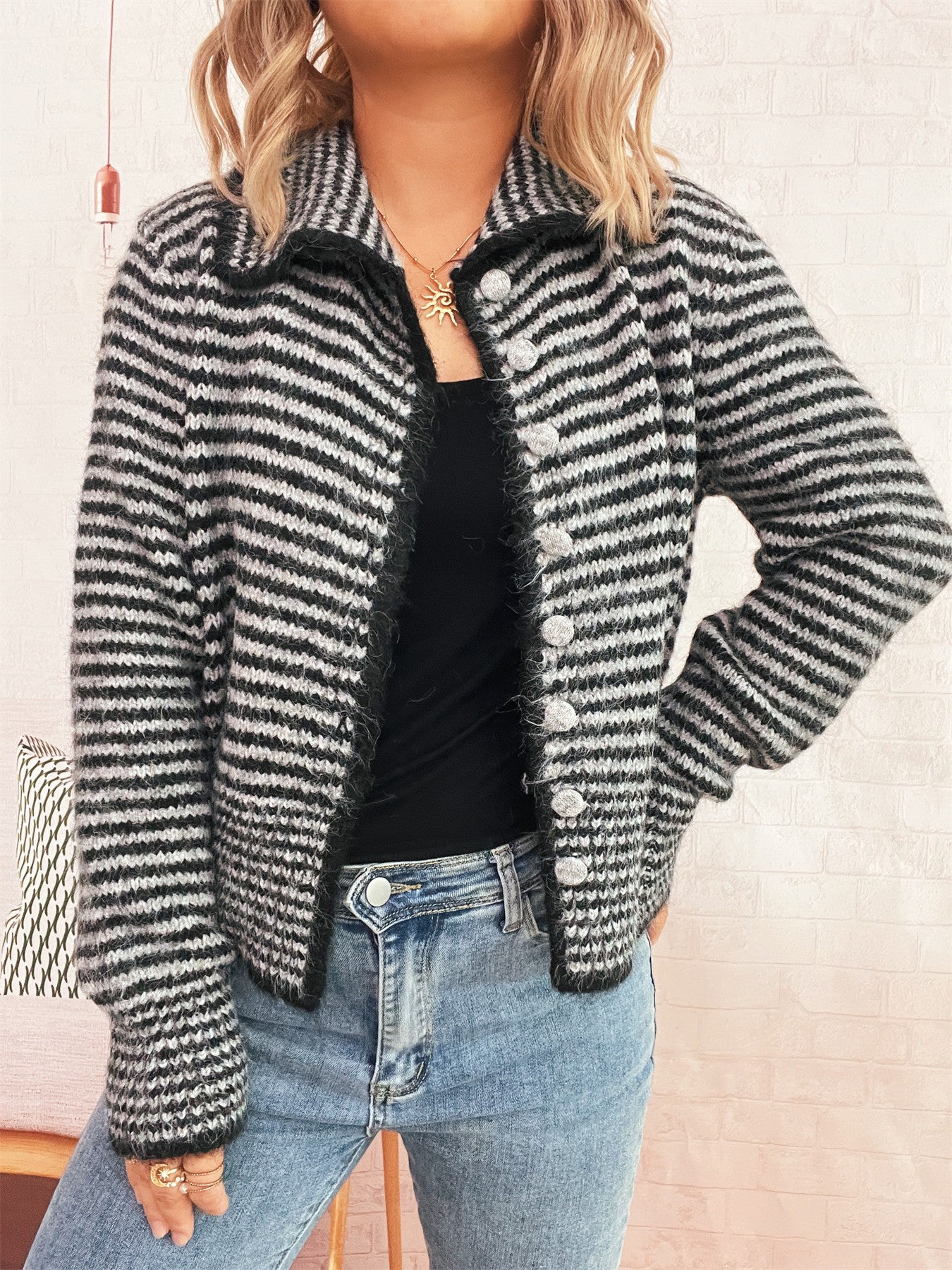 Commute Slim-fit Knitted Coat Polo Collar Stripes Contrast Color Single-breasted Sweater