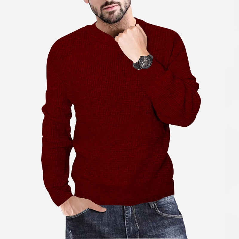 New Men's Knitting Round Neck Pullover Waffle Solid Casual
